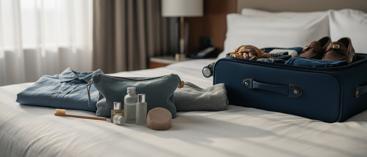 Trousse de toilette ouverte posée près d'une valise en préparation de voyage