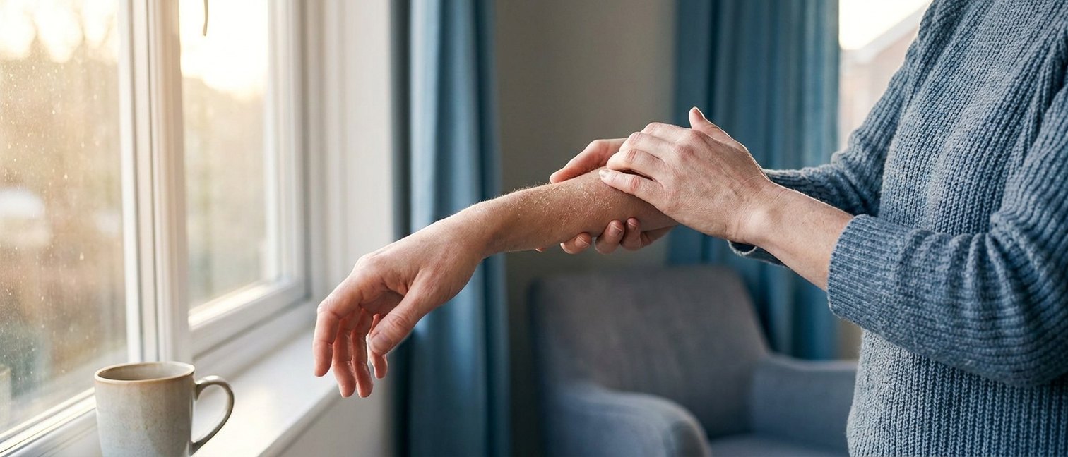 Personne appliquant un soin apaisant sur une peau atopique