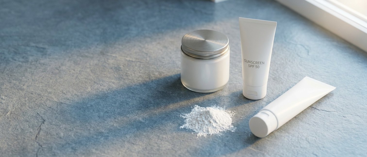 Cosmétiques blancs, dentifrice et poudre blanche disposés sur une surface claire